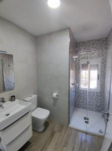 een badkamer met toilet, douche en wastafel bij Casa del Tío Paco in Montecorto