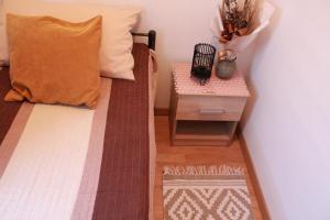 a small bedroom with a bed with a side table at Sara in Višnjan
