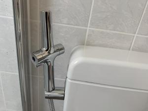 a metal door handle on a toilet in a bathroom at Seefelder Berge und Seen Appartements in Seefeld