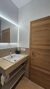 a bathroom with a sink and a wooden door at Landhaus-Wald-und-See-3 in Koosbüsch
