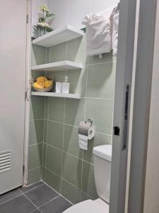 a bathroom with a toilet and towels on shelves at Lymen's Apartment in Cordova +12 photos