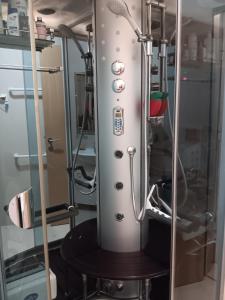 a walk in shower in a room with a toilet at Sončen apartma Novigrad in Novigrad Istria