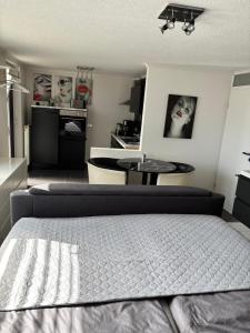 InzigkofenにあるFerienwohnung Alexのベッドとテーブルのある寝室