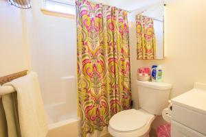 a bathroom with a shower curtain and a toilet at Coconut Palms Vacation Rental near lava fields and beaches in Kehena +34 photos