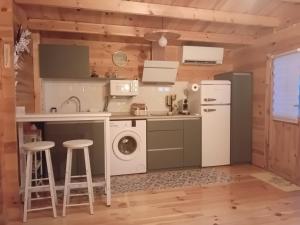 a kitchen with a refrigerator and a sink and a dishwasher at Cabaña Ikizen II in Barbadillo del Pez