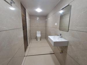 a bathroom with a sink and a mirror and a toilet at Raj Villa in Trivandrum +21 photos