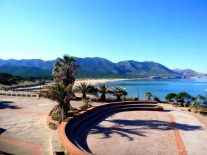 a bench with palm trees and a view of a beach at A pochi passi dalla Spiaggia in Portixeddu