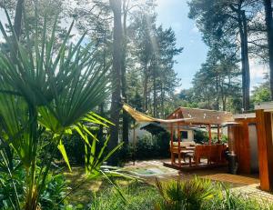 drewniany taras z altaną w lesie w obiekcie CAPFUN luxe chalet Onthaasten op de Veluwe za tm za w mieście Doornspijk