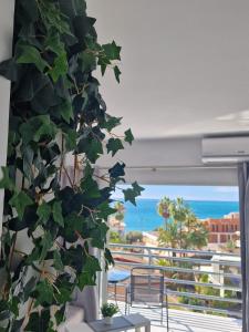 a plant is growing in a room with a view of the ocean at Luxuery View in Calpe