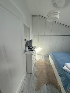 a bedroom with a bed and a tv and a rug at ApartRadauti in Rădăuţi