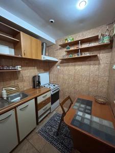 a kitchen with a stove and a table in it at Garsonieră Băile Herculane in Băile Herculane
