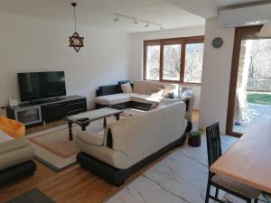 a living room with a couch and a tv at Pelister Riverside Villa in Bitola