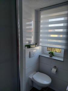 a white bathroom with a toilet and a window at Haus Angel-am See in Heldrungen +11 photos