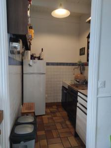 een kleine keuken met een witte koelkast en een toilet bij Villa de la fontaine vue mer in Paimpol