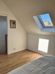 an attic bedroom with a skylight and a bed at Loft Luna Brussels Midi in Brussels