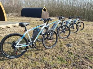 four bikes parked in a row in a field at Agroturystyka Dzikie Stawy-Mazury in Golubie Wężewskie +12 photos