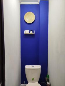 a bathroom with a blue wall and a white toilet at Elena in Rivne +24 photos