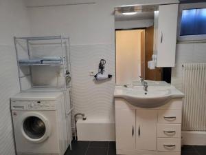 a bathroom with a washing machine and a sink at Ferienwohnung Irina Legoland ca 30 km in Gerstetten +41 photos