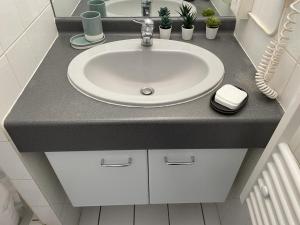 a bathroom counter with a sink in a bathroom at Grenier a sel hyper centre magnifique studio in Reims +6 photos