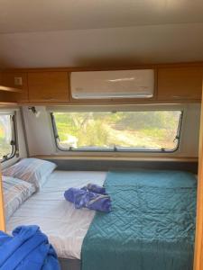 a bed in the middle of a van with a window at TerraOliva&herbs in Vátos