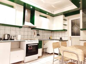 Una cocina con gabinetes verdes y blancos y una mesa. en Cathrine's Apartment, en Tríkala