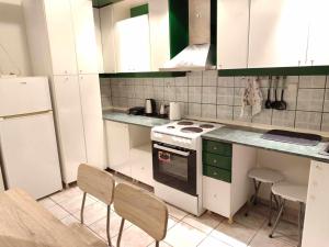 una cocina con electrodomésticos blancos y armarios verdes en Cathrine's Apartment, en Tríkala