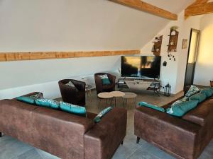Una sala de estar con dos sofás de cuero y un televisor. en Logement proche Bourboule 12 personnes, en Massanges