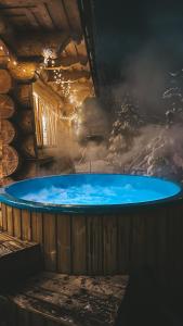 a large blue tub in a room with a snowy mountain at Bajkowa Chata 3 Magiczne Domki Jacuzzi in Murzasichle