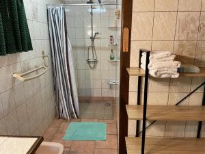 a bathroom with a shower with a shower curtain at La Tour du Sorbey - Gîte Nature Familial - Piscine - 3 à 6 Pax in Monségur +16 photos
