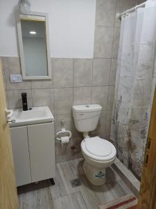a bathroom with a toilet and a sink and a shower at Dorado Stey in Río Grande +7 photos