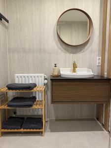 un baño con lavabo y espejo en L&K Apartment, en Metzingen