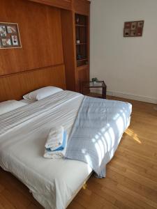 a bedroom with a large white bed with a wooden floor at Appartement 3 chambres à la Ferté Saint Cyr in La Ferté-Saint-Cyr