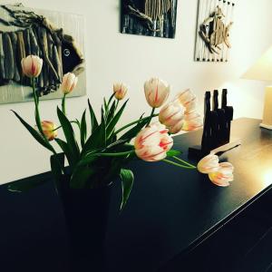 a vase of pink flowers sitting on a table at Residenza RoMa in Tropea