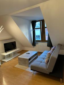 a living room with a couch and a tv at Linda Ninh Apartment 6 Altstadt in Dresden