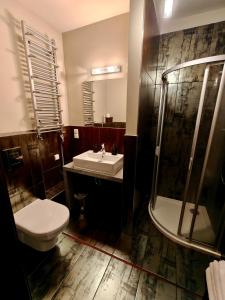 a bathroom with a toilet and a sink and a shower at Pokój z aneksem w hotelu blisko plaży, z garażem in Kołobrzeg