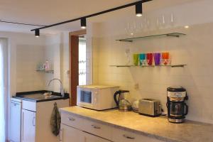 a kitchen with a counter top with a microwave at Ferienwohnung im Grünen in Altstätten