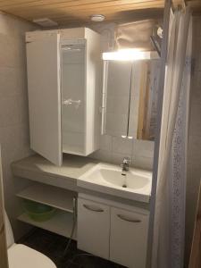 un baño con lavabo y espejo en Hulhavanpuisto B2, Iso-Syöte, Pudasjärvi, en Pudasjärvi