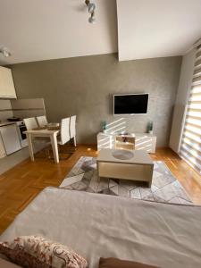 a living room with a table and a tv at Zlatibor Apartman 55 in Zlatibor