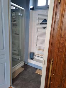 a walk in shower in a bathroom with a window at Chambres d'hôtes de charme dans maison de maitre XIXème in Périers +15 photos