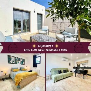 a bedroom and a living room in a house at Le Jasmin 1 - Chic, Clim, Terrasse, Neuf, 4 personnes in Fos-sur-Mer