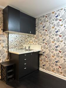 a kitchen with a sink and floral wallpaper at Paton Place Harbour Hillviews in  Lyttelton