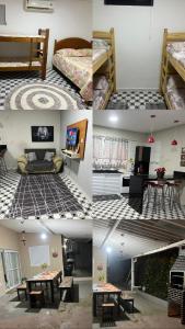 4 fotos de una habitación con cama y mesa en Casa aconchegante em Ubatuba, en Ubatuba