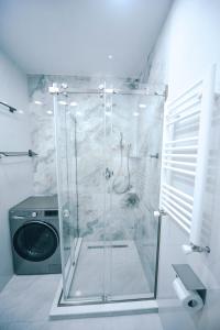 una doccia con una porta in vetro in un bagno di Nova Trio a Tbilisi City