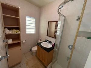 un baño con lavabo y ducha en Luxury Spacious Villa with Aircon and Pool Table, en Olveston 27 fotos más