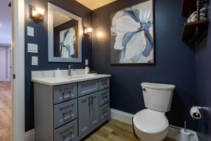 a blue bathroom with a toilet and a sink at Algonquin Park,Sunset Paradise with Private Beach in Madawaska +64 photos