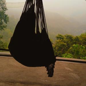 a black bird sitting in a hammock with a view at Mountain-View Retreat Close to Ella in Badulla