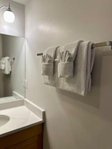 a bathroom with towels hanging on a wall at Canmore Mountain View Escape in Canmore +29 photos