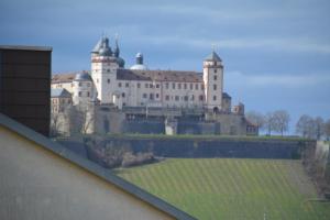 um grande castelo com um campo verde em frente em Avenzio em Wurtzburgo