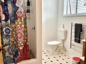 a bathroom with a toilet and a shower curtain at Gone Potty 1 in Alexandra