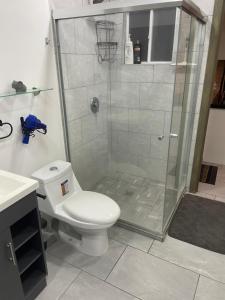 a bathroom with a shower with a toilet and a sink at Departamento completo in Chihuahua